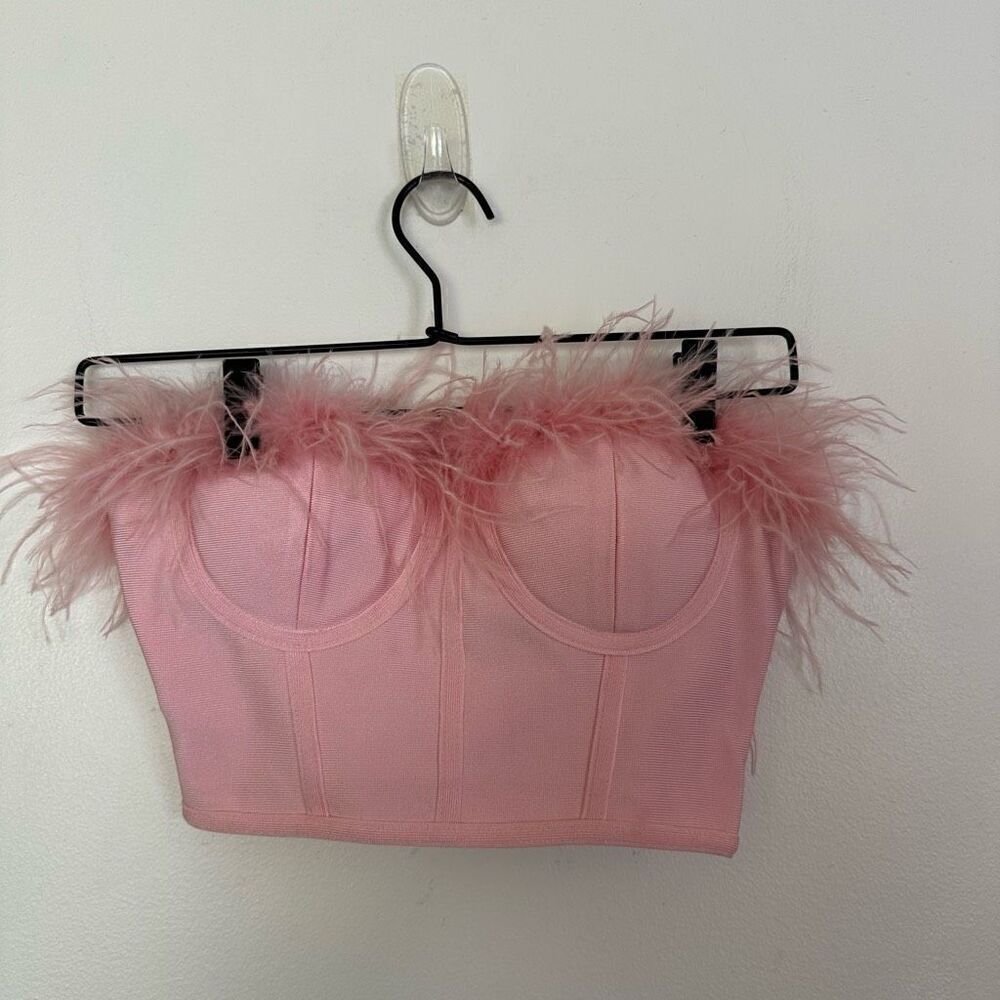 Superdown Ramona Feather Trim Bustier Top in Blush Pink - Picture 2 of 11